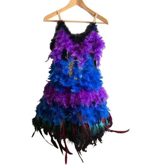 Feather Stappy Ballerina / Mardigras Dress Halloween Costume Blue & Purple - Picture 2 of 9
